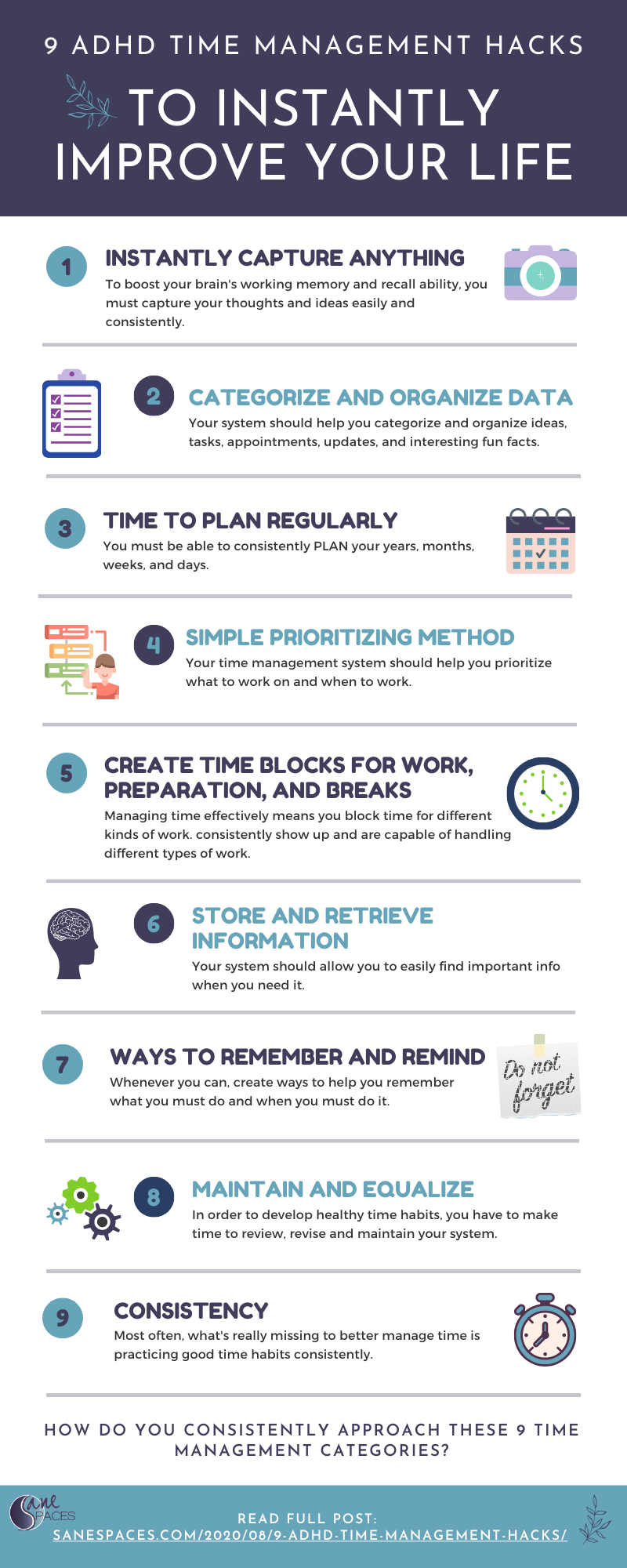 Sane Spaces Infographic – 9 ADHD Time Hacks